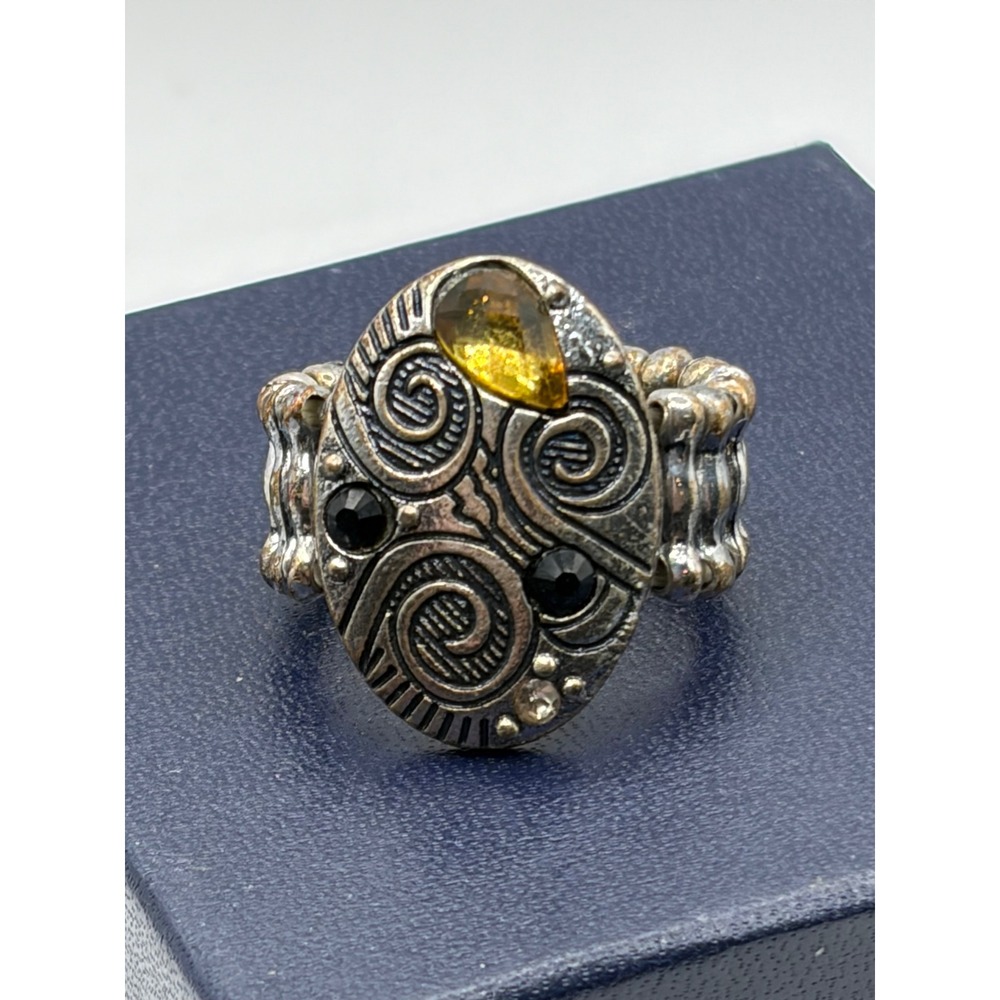 Antique look Silver Tone Swirl Stretch Ring Amber Black Rhinestone Boho